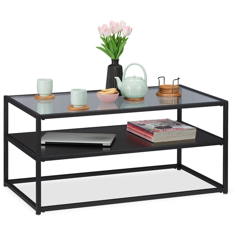 Table basse, support en bois MDF, verre et métal, design moderne, table de salon de classe,HlP 42x90x50 noire