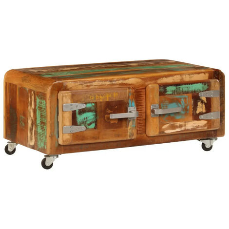 Table basse sur roulettes 2 portes bois massif recyclé Moust