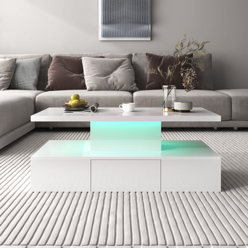 Table basse blanche brillance avec led, tiroirs, 2 niveaux de rangement