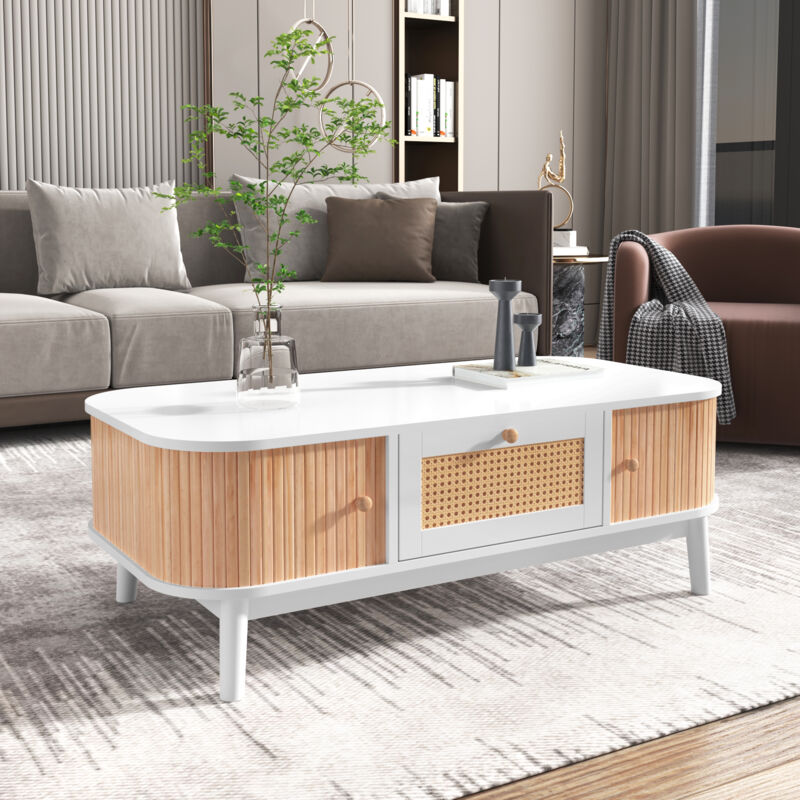 Okwish - Table basse en rotin, table de salon avec tiroirs, 2 portes et pieds en bois massif, blanc et naturel, 124x64x14 cm