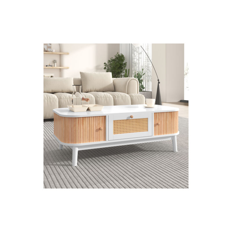 Ohjijinn - Table basse - Table basse en rotin, tiroirs en rotin et portes coulissantes avec lattes en bois massif, pieds en bois massif, style maison
