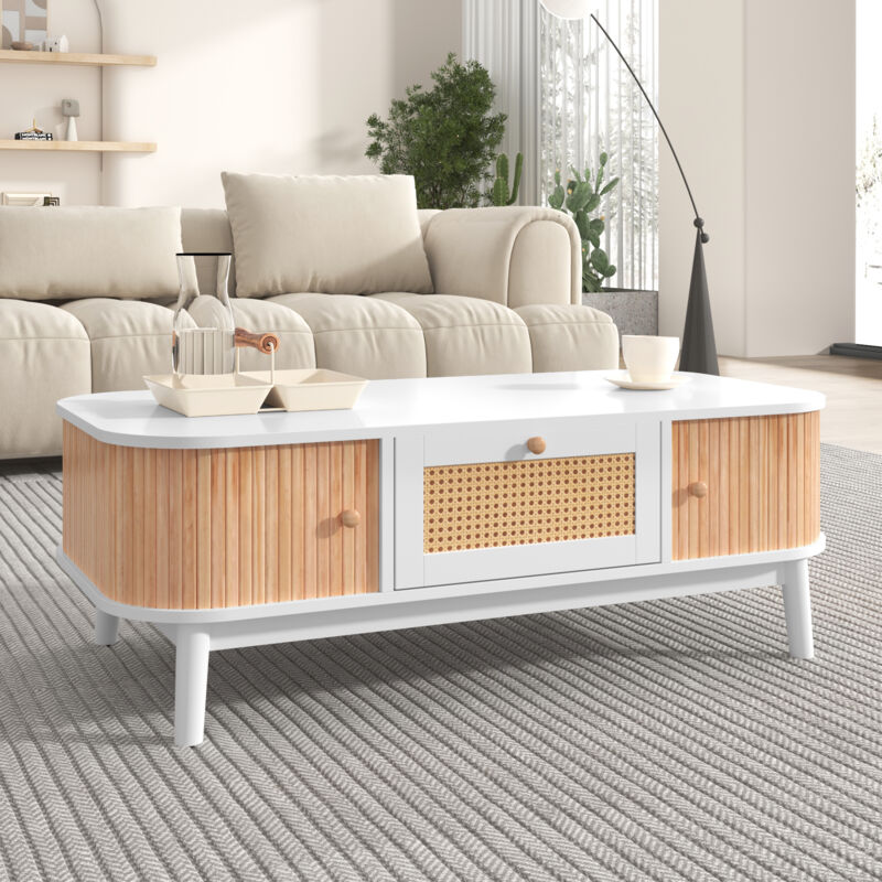 Table basse en rotin, tiroirs et portes coulissantes avec lattes en bois massif, pieds en bois massif, mdf, Couleur naturelle blanc