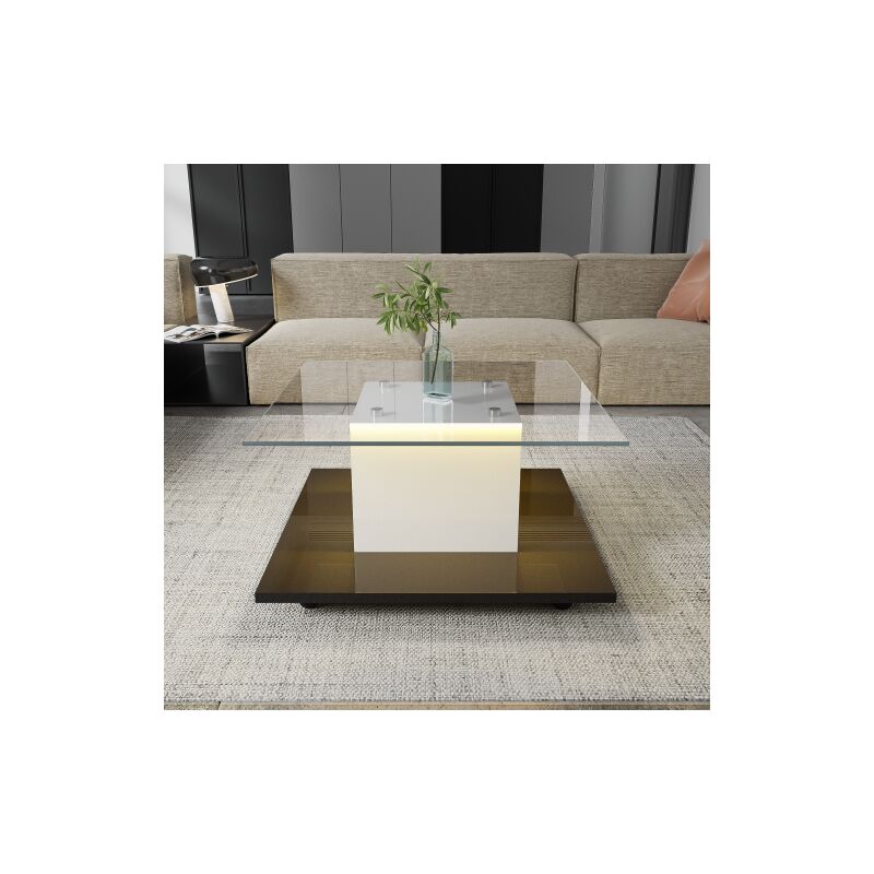 Table basse, table basse en verre brillant, table basse mobile avec roues pivotantes