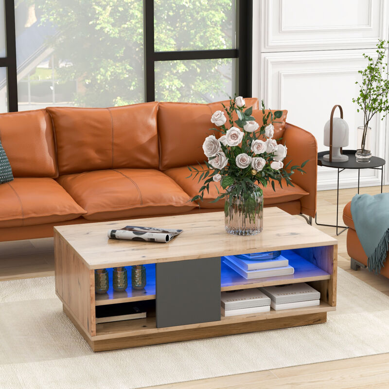 Table basse avec éclairage led, télécommande, table de salon en bois, table d'appoint avec espace de rangement, Noir Marron