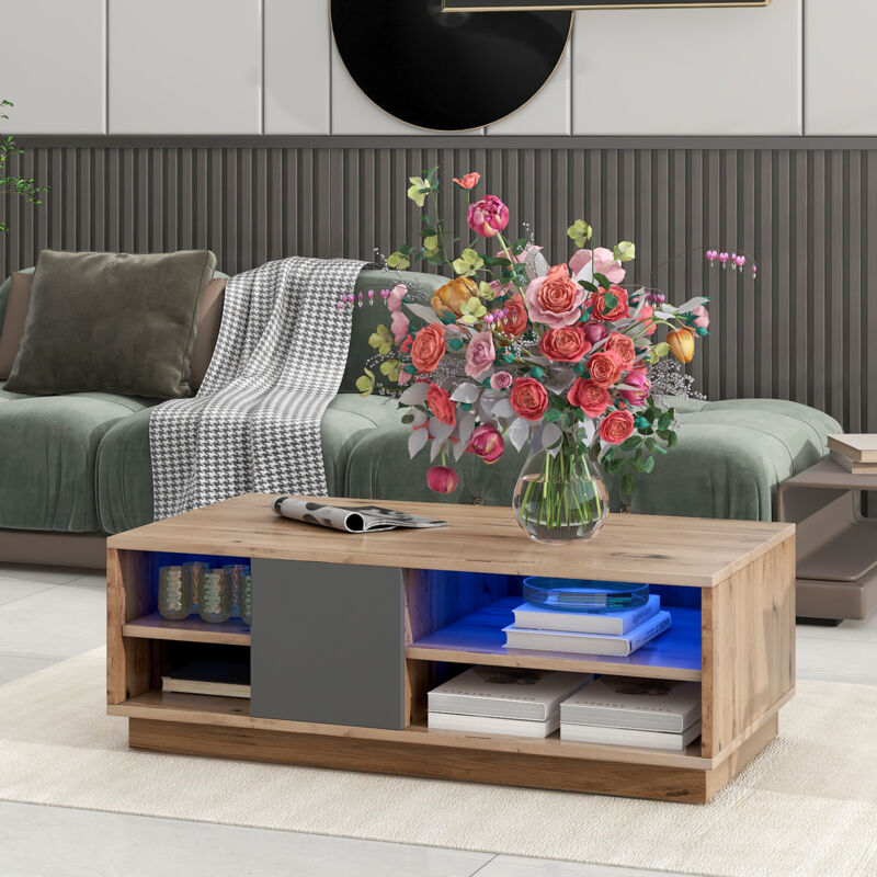 Okwish - Table basse carrée, table de salon avec éclairage led et aspect bois ancien, 112x72x15 cm