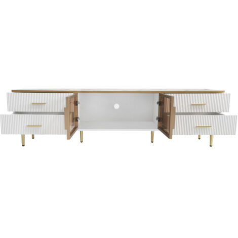 Table basse / Table d'appoint dotée d'une porte en verre trempé, d'un éclairage LED, de tiroirs à la finition texturée effet vague, de poignées et de pieds dorés, ainsi que d'un plateau effet marbre.