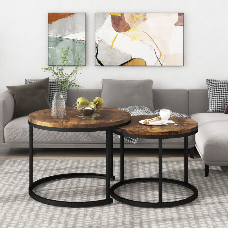 Redom - Table basse ronde, Lot de 2 Salon Table d'appoint emboîtée, mdf, Cadre en métal, Marron