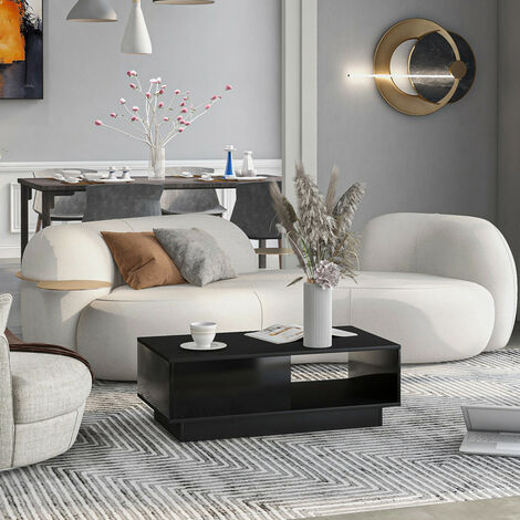Table basse, table de canapé moderne à haute brillance, table de salon blanche rectangulaire, table basse avec lumières LED 15 couleurs décoration de la maison (99 x 55 x 32 cm)