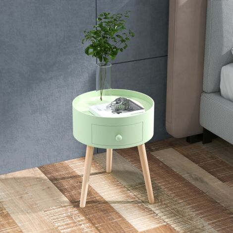 Table basse, table de chevet ronde, design scandinave, table d'angle avec tiroir et pieds fuselés et inclinés.