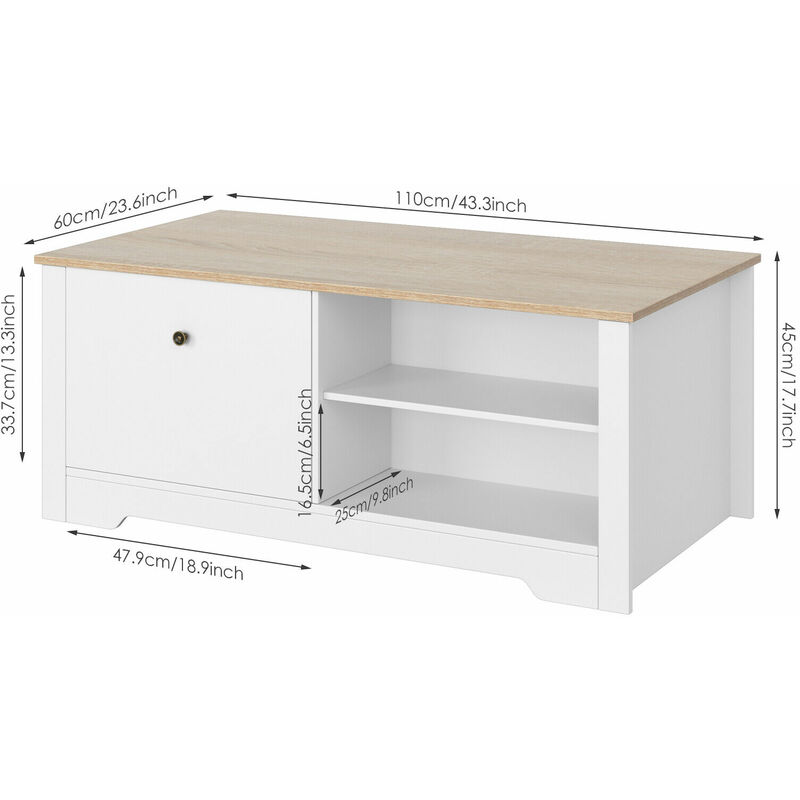Table Basse Table de Rangement avec 2 Tiroirs et 4 étagères Table de Salon en Bois de Haute Qualité Blanc 110x60x45cm