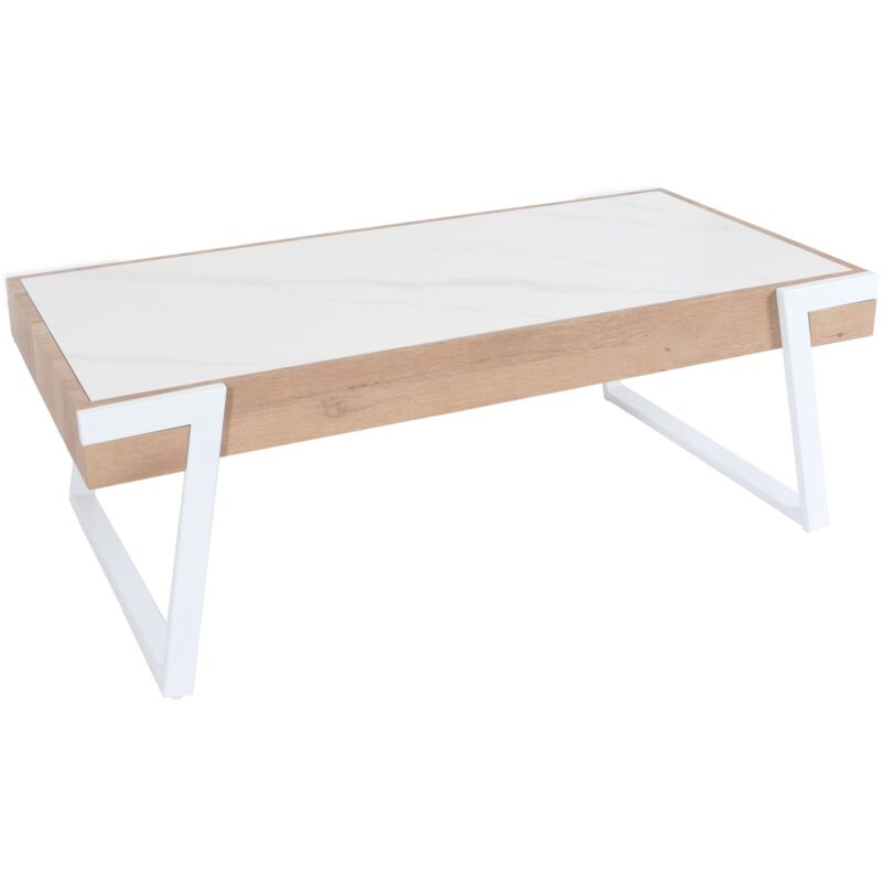 Table basse table de salon 43x120x64 cm pierre frittée aspect marbre blanc bois naturel 040008446