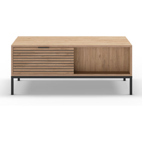 Table basse, table de salon aspect bois avec 2 tiroirs coloris naturel, pieds en métal coloris noir - Longueur 110 x Profondeur 55 x Hauteur 45 cm