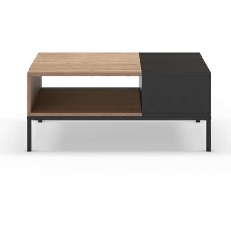 Table basse, table de salon aspect bois coloris naturel, noir et pieds en métal coloris noir -Longueur 90 x Profondeur 56 x Hauteur 40 cm