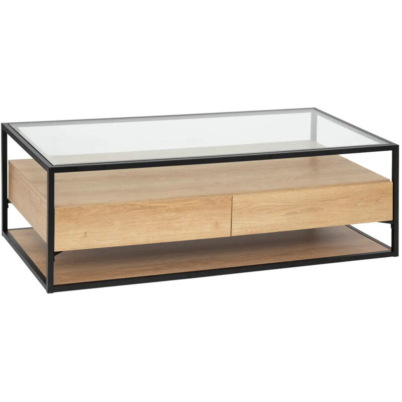 Pegane - Table basse, table de salon avec 2 tiroirs en bois coloris naturel et verre trempé - Longueur 120 x Profondeur 60 x Hauteur 40 cm