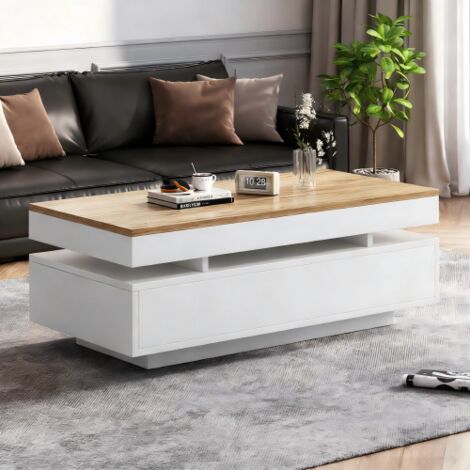Table basse, table de salon avec 2 tiroirs et éclairage LED – Blanc et bois – 100x50x35 cm