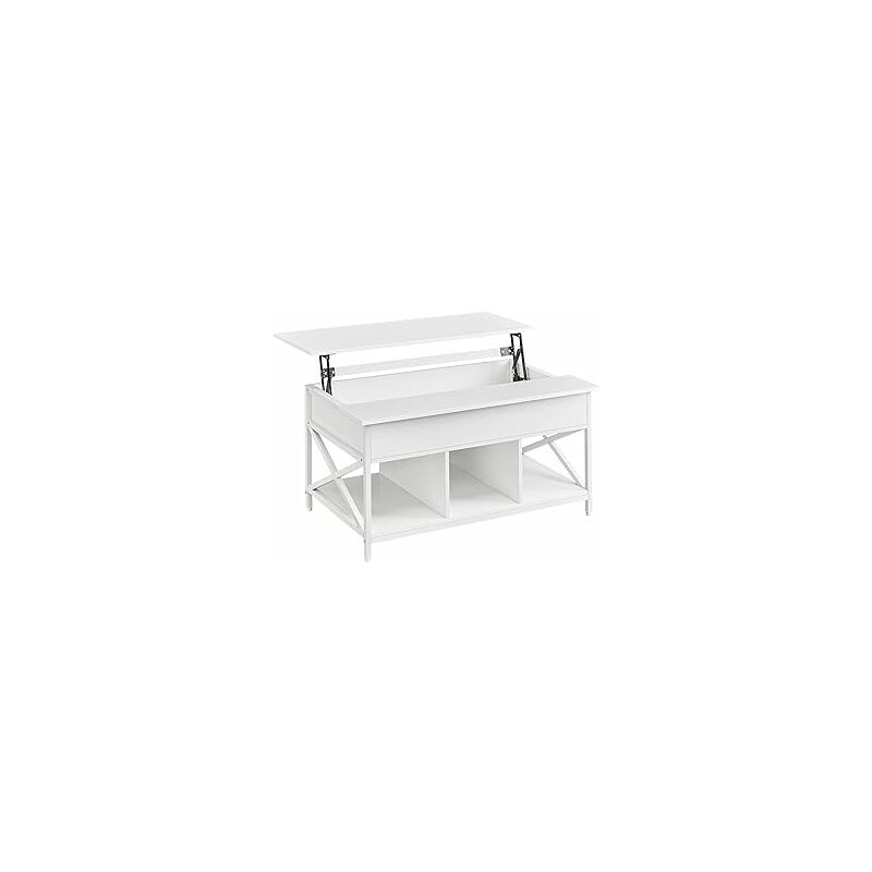 Table Basse, Table de Salon avec Plateau Relevable, avec Rangement Ouvert et Compartiment Caché, Barres en Forme de x, 60 x 100 x (48-62) cm, Blanc