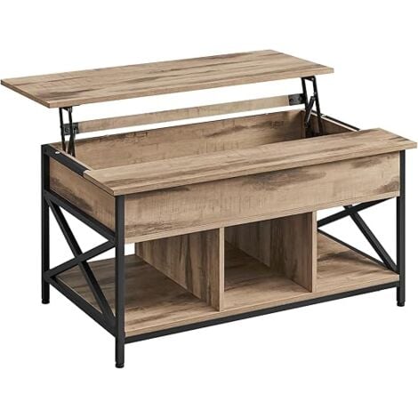VASAGLE Table Basse, Table de Salon avec Plateau Relevable, avec Rangement Ouvert et Compartiment Caché, Barres en Forme de X, 60 x 100 x (48-62) cm, Marron Chêne et Noir