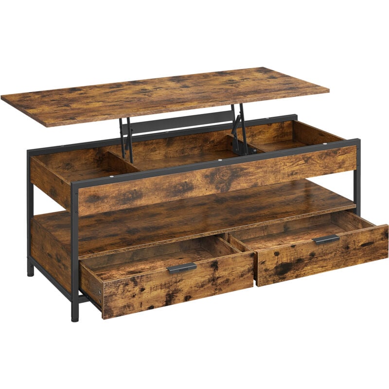 Vasagle - Table Basse, Table de Salon avec Plateau Relevable, Tiroirs de Rangement, avec Rangement Ouvert et Compartiment Caché, 50 x 120 cm, Marron