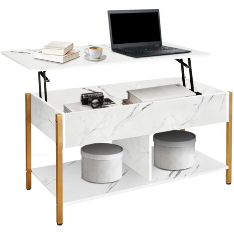 Table Basse, Table de Salon avec Plateau Relevable, Tiroirs de Rangement, avec Rangement Ouvert et Compartiment Caché, 90x48x62cm