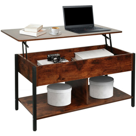 Table Basse, Table de Salon avec Plateau Relevable, Tiroirs de Rangement, avec Rangement Ouvert et Compartiment Caché, 90x48x62cm