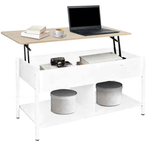 Table Basse, Table de Salon avec Plateau Relevable, Tiroirs de Rangement, avec Rangement Ouvert et Compartiment Caché, 90x48x62cm