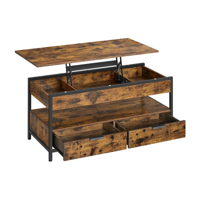Vasagle - Table Basse, Table de Salon avec Plateau Relevable, Tiroirs de Rangement, avec Rangement Ouvert et Compartiment Caché, Marron Rustique et