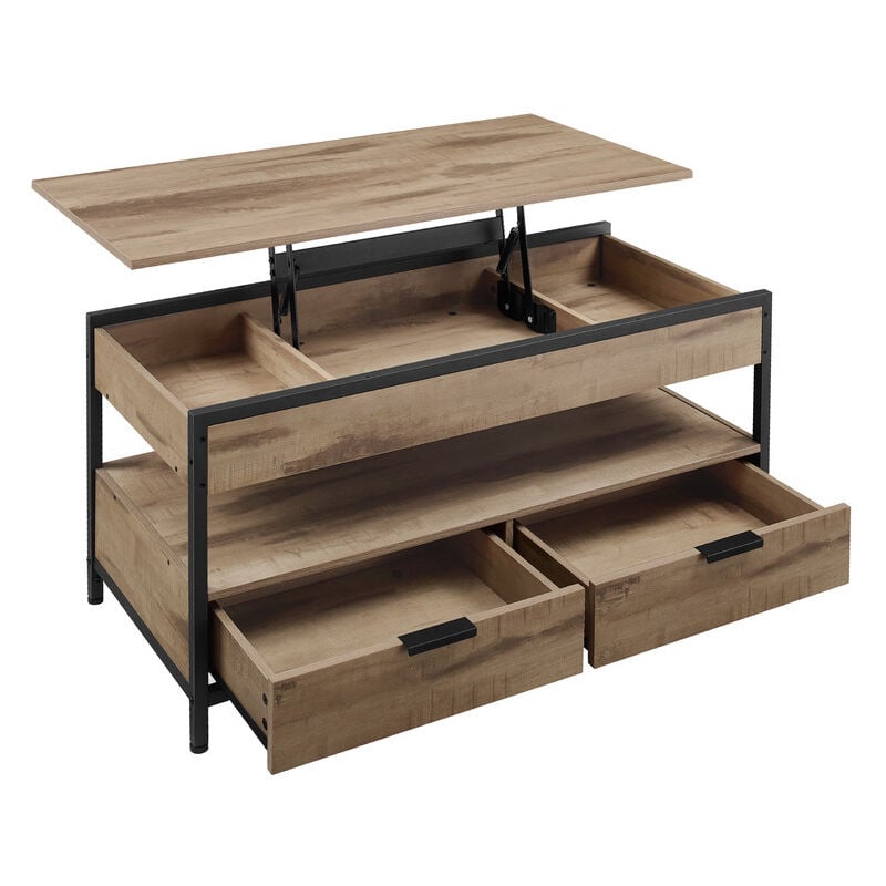 Vasagle - Table Basse, Table de Salon avec Plateau Relevable, Tiroirs de Rangement, avec Rangement Ouvert et Compartiment Caché, Marron Camel et Noir