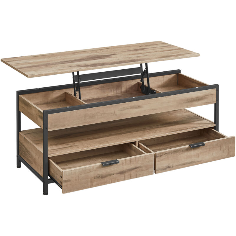 Vasagle - Table Basse, Table de Salon avec Plateau Relevable, Tiroirs de Rangement, avec Rangement Ouvert et Compartiment Caché, 50 x 120 cm, Marron