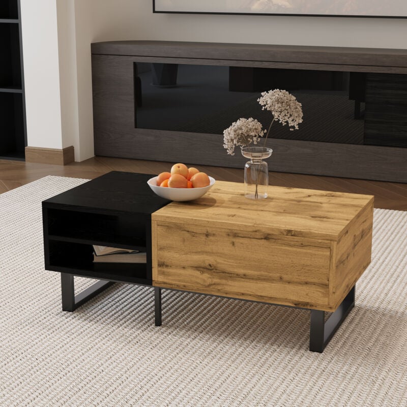 Table basse carrée, table de salon avec compartiments et tiroirs, pieds en métal, 100x50x40 cm