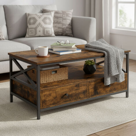 Table Basse, Table de Salon, Buffet Bas, avec 2 Tiroirs et Un Compartiment Ouvert, Cadre en Acier en Forme de X, 100,1 x 55,1 x 45,1 cm, Style Industriel, Marron et Noir
