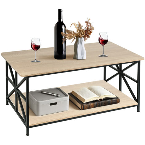 Table Basse, Table de Salon, Buffet Bas, Avec étagères, Cadre en Acier en Forme de X, 100x52x47cm, Style Industriel, Couleur bois Rustique et Noir par