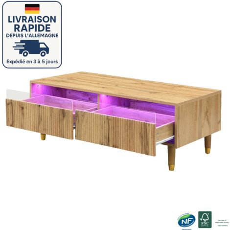 Table Basse - Table de Salon - Buffet Bas - Dessus de tiroir en forme de vague - Contemporaine -Deux tiroirs et bande lumineuse LED à changement de couleur - Couleur du bois