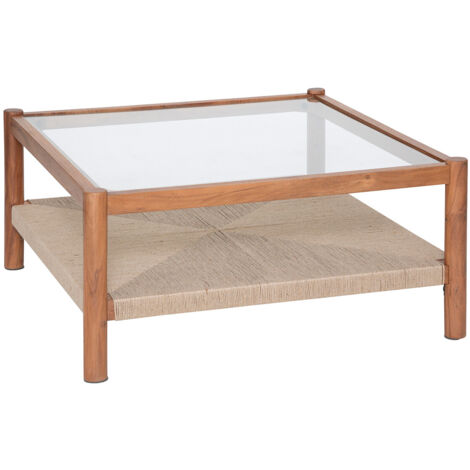 Table basse, table de salon en bois coloris marron et verre - Longueur 80 x Profondeur 80 x Hauteur 38 cm