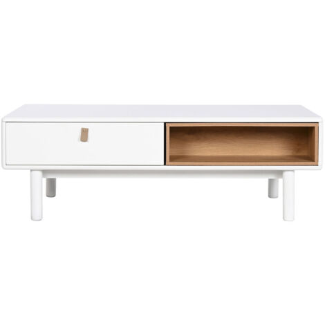 Table basse, table de salon en bois coloris naturel et PU blanc - longueur 120 x profondeur 60 x Hauteur 40 cm