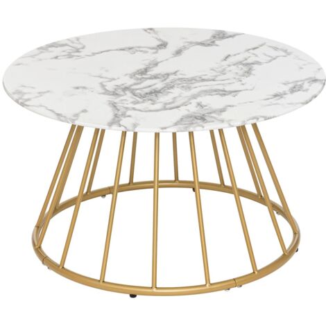 Table basse, Table de salon en verre trempé effet marbre coloris Blanc, noir et fer coloris doré - diamètre 70 x Hauteur 40 cm