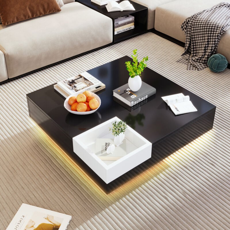 Redom - Table basse, table de salon haute brillance, table d'appoint avec boîte de rangement amovible, bloc de couleur blanc et noir, 72 x 72 x 30