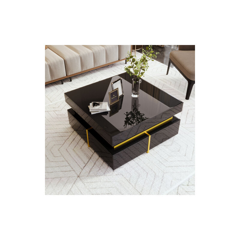 Table basse, table de salon lisse, table d'appoint avec tiroirs et décoration dorée,noir