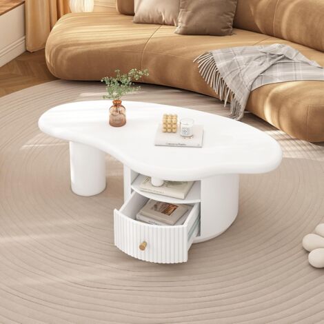 Table Basse - Table de Salon Nuage avec 1 Tiroir, MDF, Blanc, 110x60x37,5 cm