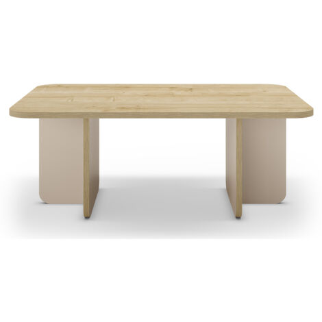 Table basse, table de salon rectangulaire aspect bois coloris chêne et pieds coloris crème - Longueur 100 x Profondeur 60 x Hauteur 42 cm