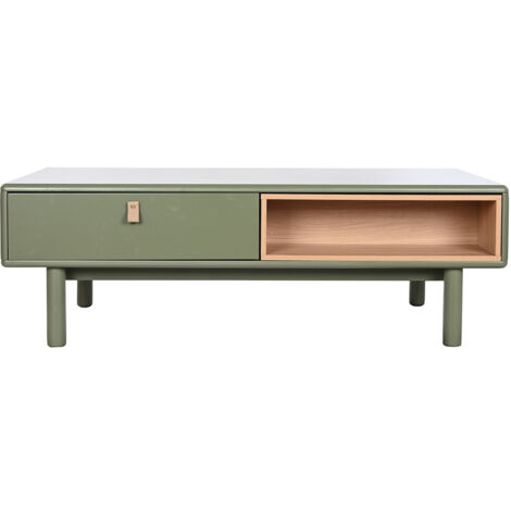 Table basse, table de salon rectangulaire avec 2 tiroirs en bois naturel et PU vert - longueur 120 x profondeur 60 x Hauteur 40 cm