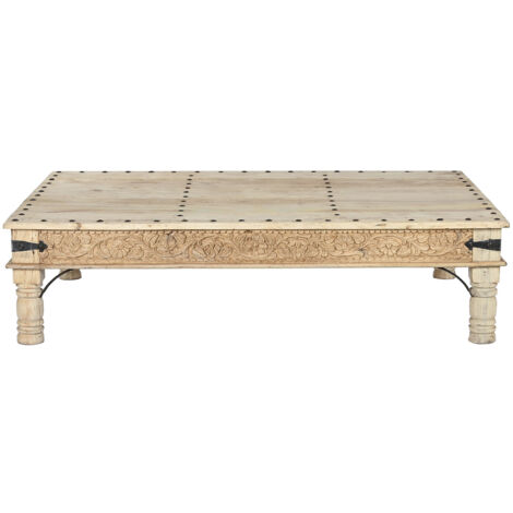 Table basse, table de salon rectangulaire en bois sculpté coloris naturel - longueur 180 x profondeur 120 x Hauteur 45 cm