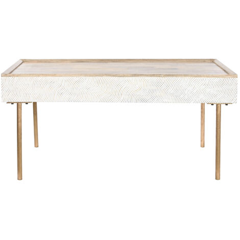 Table basse, table de salon rectangulaire en métal doré et bois de manguier marron  - longueur 120 x profondeur 60 x Hauteur 57 cm