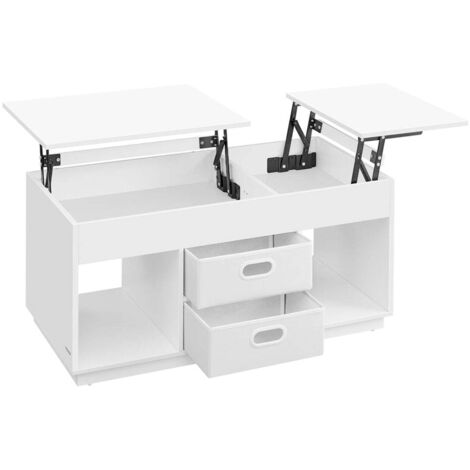Table basse table de salon relevable avec 2 tiroirs et compartiments cachés compartiments ouverts pour salon bureau à domicile blanc