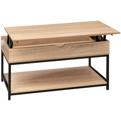 Table basse, table de salon relevable en bois coloris Beige et métal noir -Longueur 95 x Profondeur 50 x Hauteur 51 cm