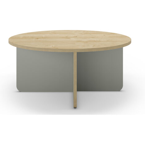 Table basse, table de salon ronde aspect bois coloris chêne, pieds coloris vert - diamètre 80 x Hauteur 38 cm