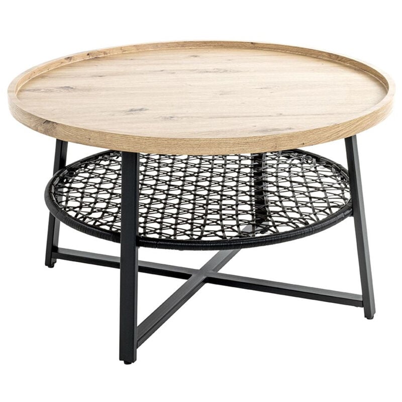 Pegane - Table basse, Table de salon ronde en bois chêne et métal noir - diamètre 75 x hauteur 45 cm