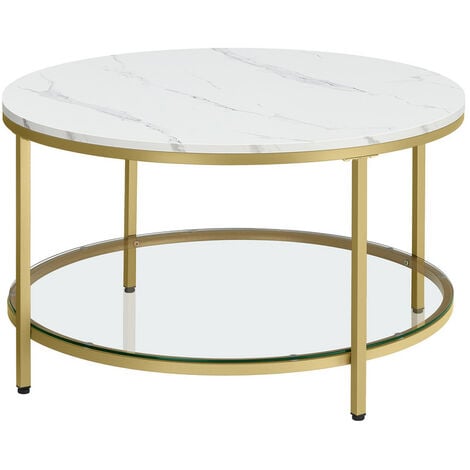 Table Basse, Table de Salon, Table Canapé Apéro, Façon Marbre, Support en Verre Trempé, Facile à Assembler, pour Salon, Style Moderne, Blanc Marbré et Doré Métallique