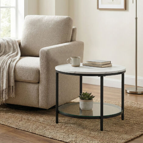 Table Basse, Table de Salon, Table Canapé Apéro, Façon Marbre, Support en Verre Trempé, Facile à Assembler, pour Salon, Style Moderne, Blanc Marbré et Noir