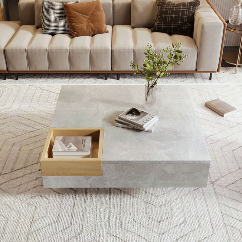 Redom - Table basse, table de salon, table d'appoint avec coffre de rangement amovible, coloris gris béton et bois, 727230 cm.