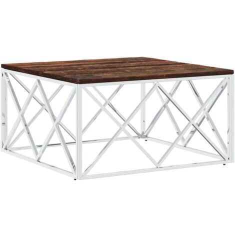 Table basse  Table de salon  Table de café acier inoxydable et bois massif de récupération